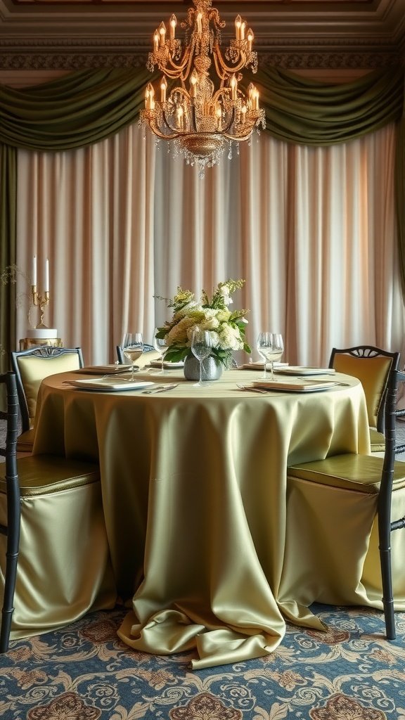 35 Stunning Olive Green Wedding Theme Color Schemes An elegantly set wedding table featuring a champagne-colored tablecloth, olive green accents, a floral centerpiece, and a chandelier.