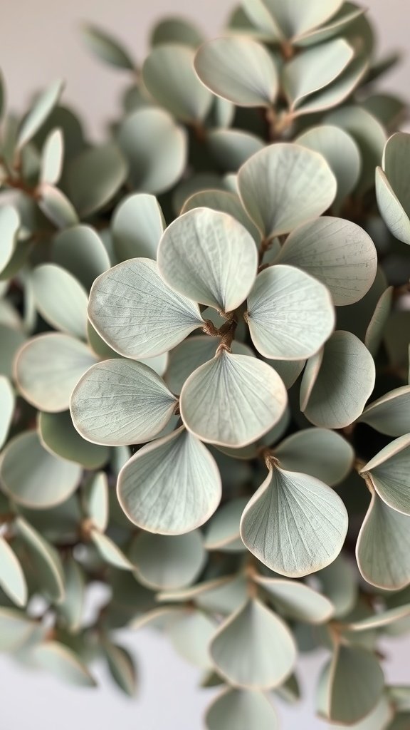 35 Wedding Winter Flower Bouquets That Will Make Your Heart Skip a Beat (Don't Miss #9!) Close-up of Silver Dollar Eucalyptus leaves, showcasing their round shape and soft green color.