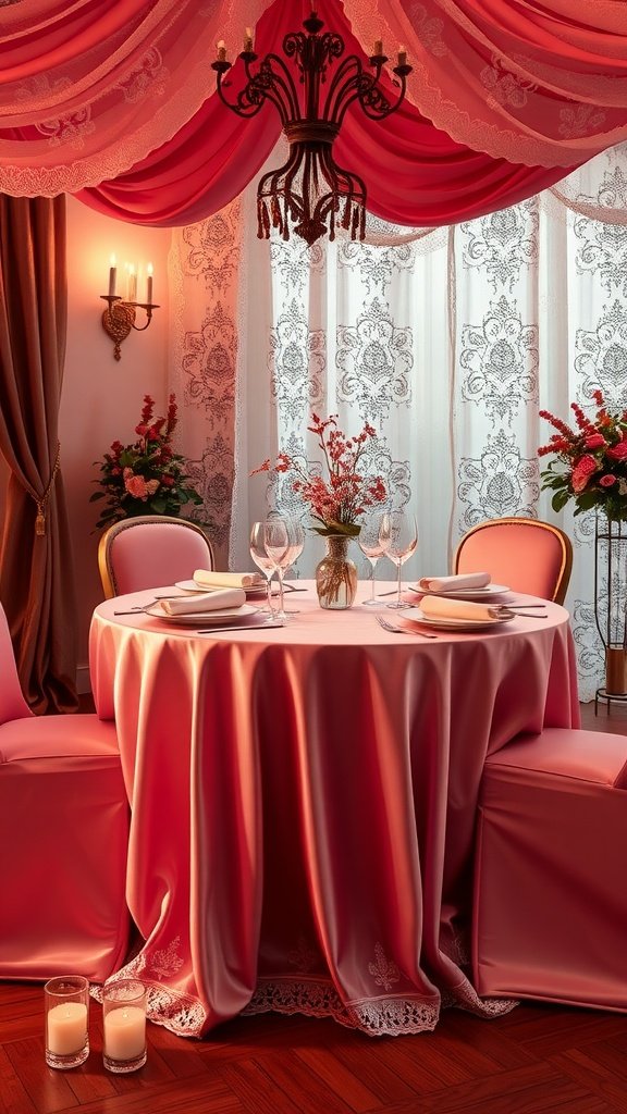 25 Stunning Valentines Table Decor Ideas That Will Make Your Dinner an Unforgettable Romance! A beautifully set Valentine's dinner table with pink satin linens, elegant glassware, and a floral centerpiece. Valentines Table Decor
