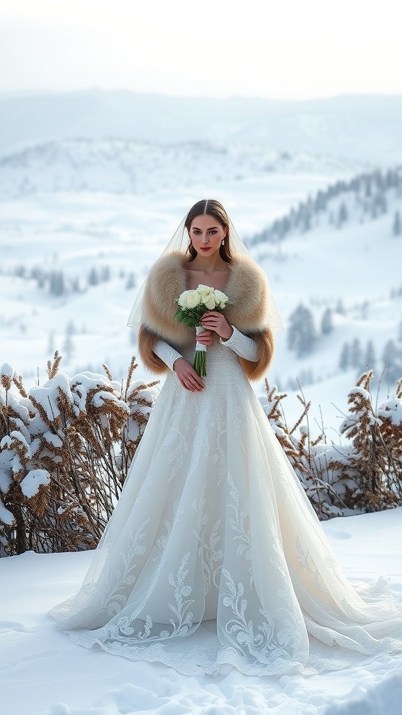 35 Enchanting Ideas for a Magical Winter Wedding A bride in a beautiful embroidered wedding gown and fur wrap, holding a bouquet of white roses in a snowy landscape.