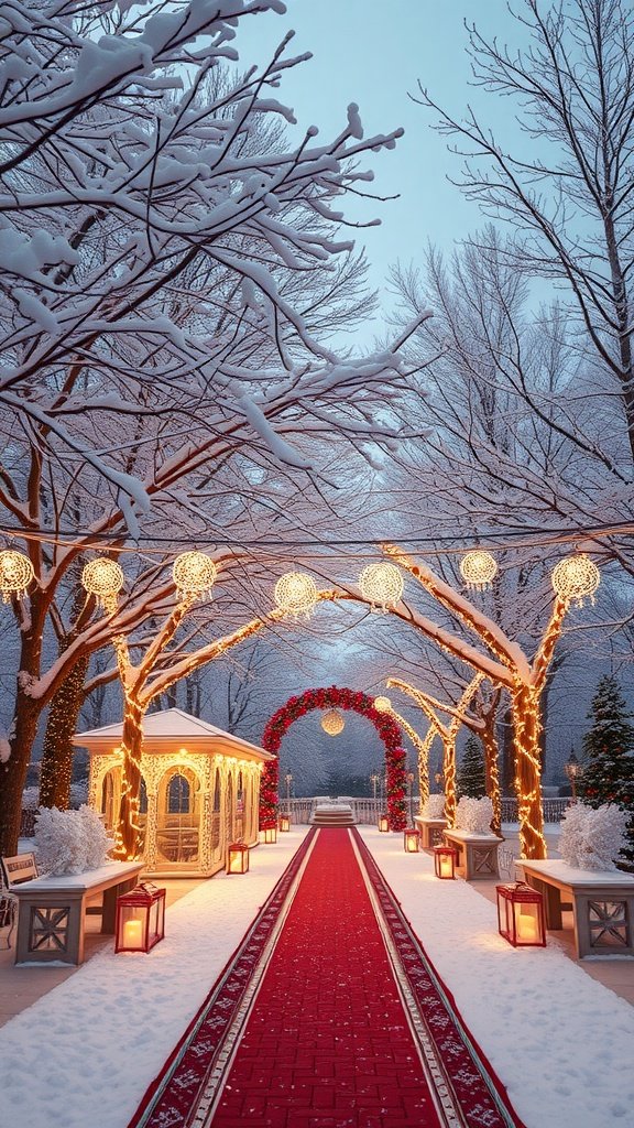 35 Enchanting Ideas for a Magical Winter Wedding A beautifully decorated winter wedding venue with a red carpet, snow-covered trees, and glowing lights.