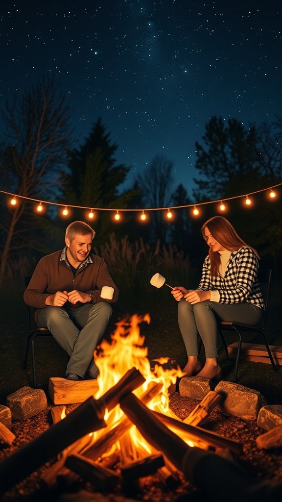 25 Cozy Winter Date Ideas That'll Melt Your Heart (You Won't Believe #5!) A couple enjoying a winter bonfire under a starry night, roasting marshmallows.