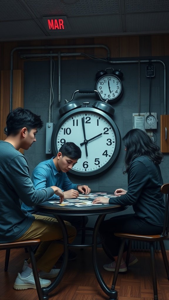25 Creative Double Date Ideas That Will Spark Your Imagination! A group of friends engaged in an escape room puzzle, focused on a table with clues and a large clock in the background. Double Date Ideas