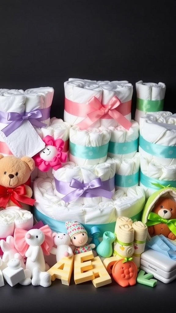 25 Creative Mini Diaper Cake Ideas for Baby Showers Colorful mini diaper cakes made from rolled diapers, adorned with ribbons and stuffed animals.