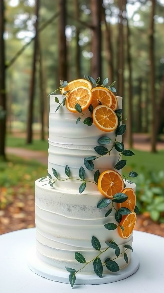 35 Enchanting Forest Wedding Cake Recipes for Your Dream Celebration A beautiful eucalyptus and citrus wedding cake decorated with orange slices and leafy greens.