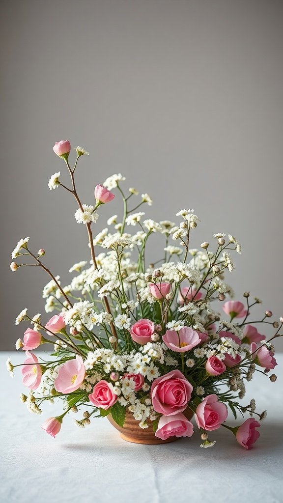 30 Beautiful Baby's Breath Centerpiece DIY Ideas A beautiful floral centerpiece featuring pink roses and baby’s breath, showcasing different heights in floral arrangement.
