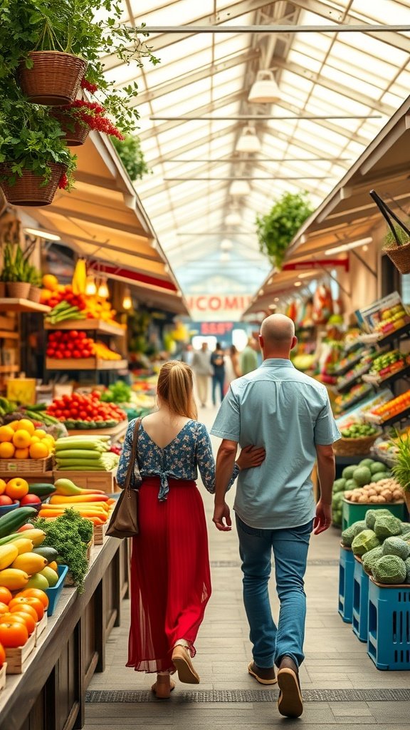 25 Creative Second Date Ideas That Will Leave a Lasting Impression (You’ll Love #8!) A couple walking through a vibrant farmers' market filled with fresh fruits and vegetables.