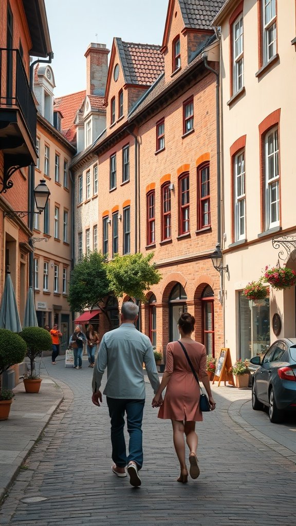 25 Creative Second Date Ideas That Will Leave a Lasting Impression (You’ll Love #8!) A couple walking hand in hand in a historic neighborhood with charming buildings.