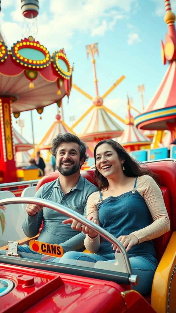 25 Creative Second Date Ideas That Will Leave a Lasting Impression (You’ll Love #8!) A couple enjoying a ride at a theme park, smiling and having fun.