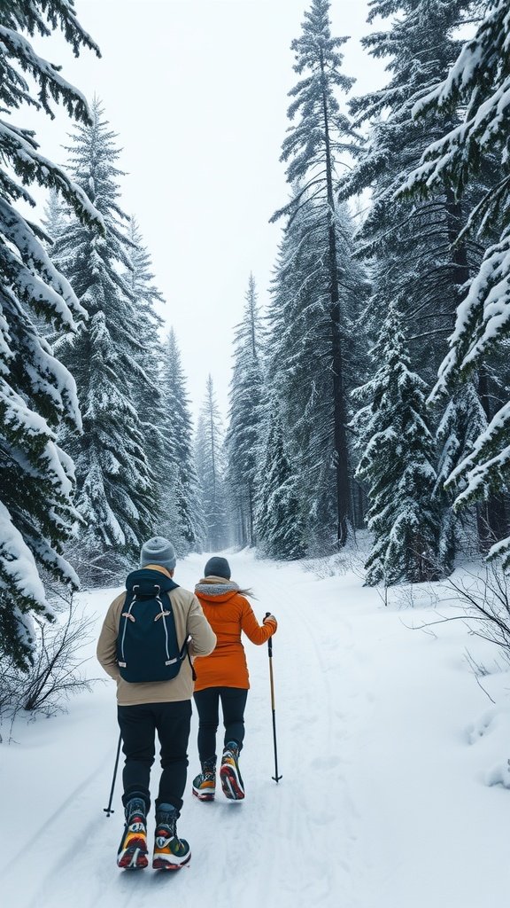 25 Cozy Winter Date Ideas That'll Melt Your Heart (You Won't Believe #5!) Two individuals snowshoeing on a snowy trail surrounded by tall pine trees.