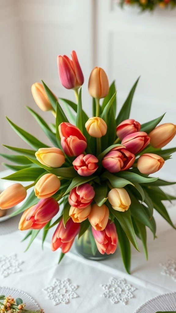 35 Stunning Fall Wedding Flowers That Will Make Your Guests Swoon! A bouquet of tulips in earthy hues, featuring shades of orange, pink, and yellow, arranged with lush green leaves.
