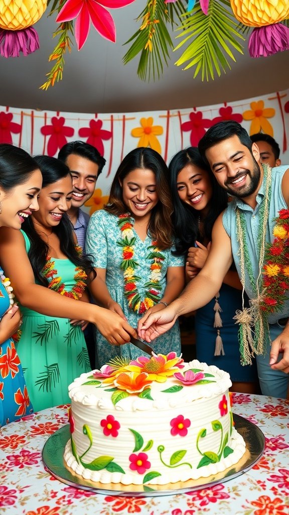 20 Delightful Luau Cake Recipes for Your Tropical Celebration A group of friends joyfully cutting a decorated luau cake during a festive celebration.