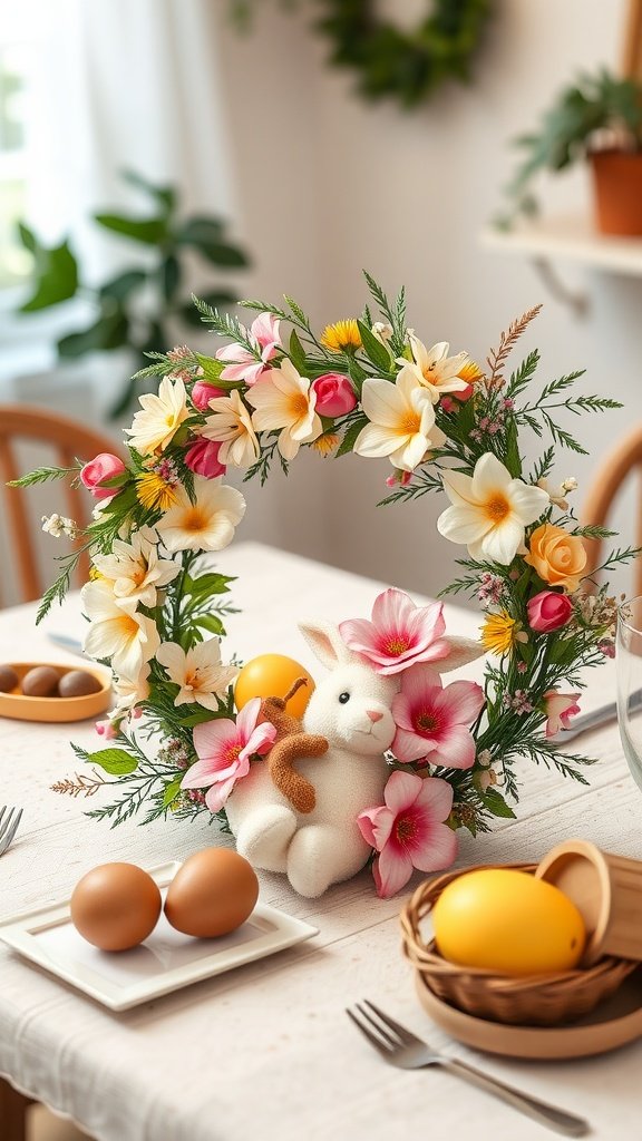 35 Easter Tablescape Ideas for a Festive Celebration A festive Easter tablescape featuring a floral wreath, a plush bunny, and decorated eggs.