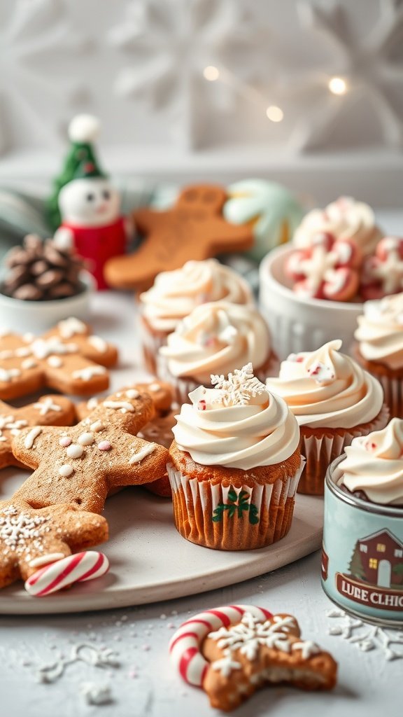 35 Enchanting Ideas for a Magical Winter Wedding A beautiful array of festive winter desserts including gingerbread cookies, cupcakes, and peppermint treats, perfect for a winter wedding.