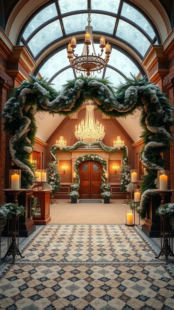 35 Enchanting Ideas for a Magical Winter Wedding A beautifully decorated entrance for a winter wedding reception, featuring greenery, candles, and a chandelier.