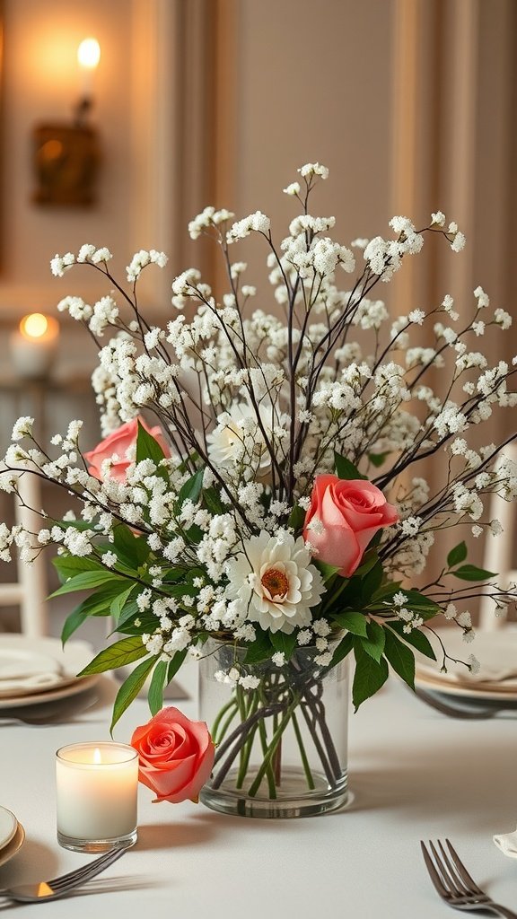 30 Beautiful Baby's Breath Centerpiece DIY Ideas A floral centerpiece featuring baby’s breath and pink roses on a dining table with a candle.