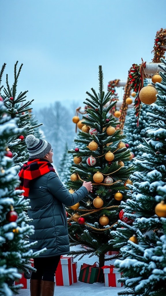 25 Cozy Winter Date Ideas That'll Melt Your Heart (You Won't Believe #5!) A woman enjoying the festive atmosphere while selecting a Christmas tree surrounded by snow and gifts.