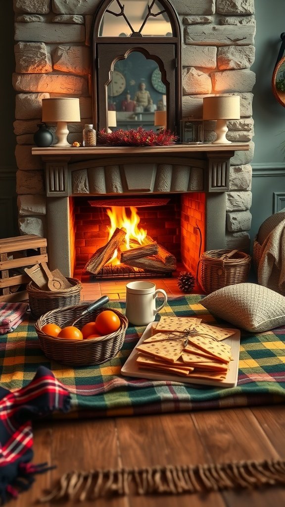 25 Cozy Winter Date Ideas That'll Melt Your Heart (You Won't Believe #5!) Cozy fireplace picnic setup with snacks and drinks. Winter Date Ideas