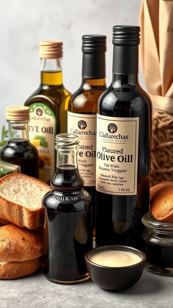 35 Stunning Grazing Table Ideas That Will Wow Your Guests (You Won't Believe #12!) An assortment of flavored olive oils and balsamic vinegars displayed with bread.