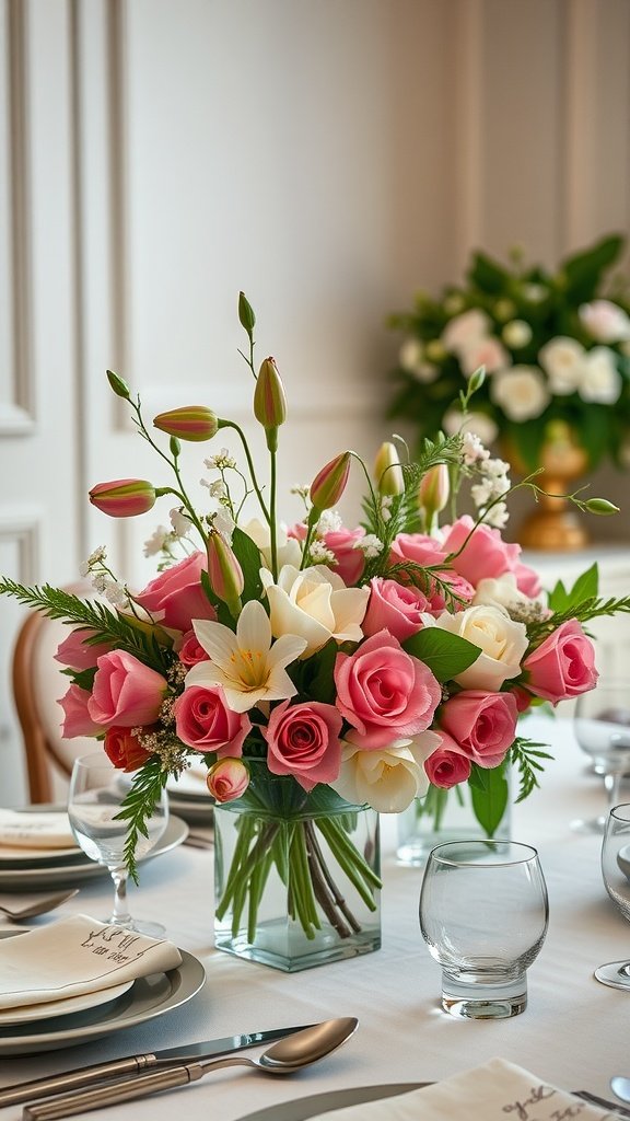 35 Enchanting Spring Wedding Flowers for Your Dream Celebration A beautiful floral centerpiece featuring pink roses and white lilies in a clear glass vase on a decorated table.