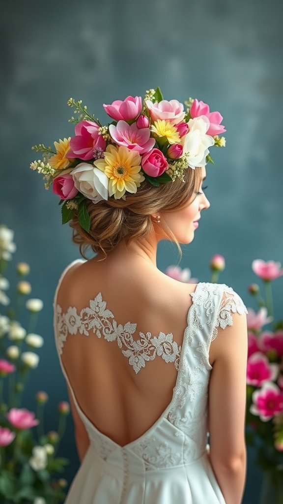 35 Enchanting Spring Wedding Flowers for Your Dream Celebration A bride wearing a colorful floral crown with tulips, daisies, and roses.