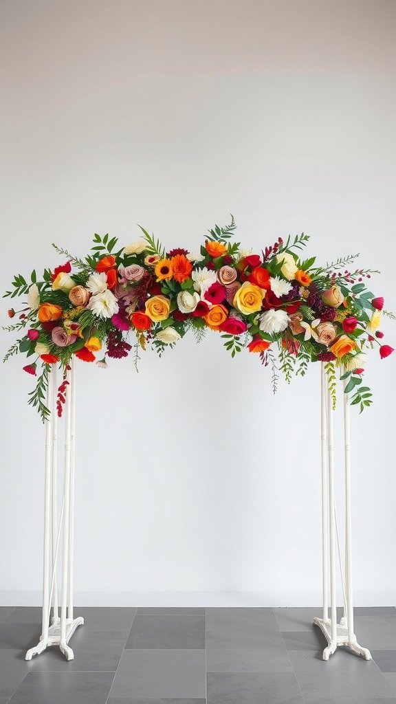 35 Stunning Fall Wedding Flowers That Will Make Your Guests Swoon! A wedding arch decorated with a variety of fall flowers including roses, sunflowers, and greenery.