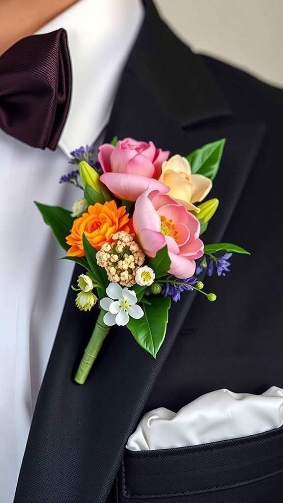 35 Enchanting Spring Wedding Flowers for Your Dream Celebration Groom's boutonniere featuring colorful spring flowers