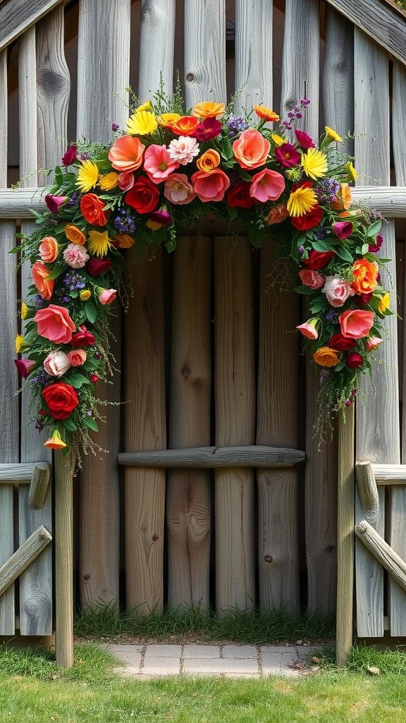 25 Unique Rustic Wedding Arch Ideas to Make Your Ceremony Unforgettable (Trust Us, #3 Is a Show-Stopper!) A rustic wedding arch adorned with a colorful flower crown, featuring vibrant roses and daisies against a wooden backdrop.