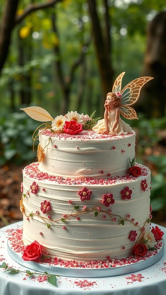 35 Enchanting Forest Wedding Cake Recipes for Your Dream Celebration A decorated forest-themed wedding cake with floral accents and a fairy figure.