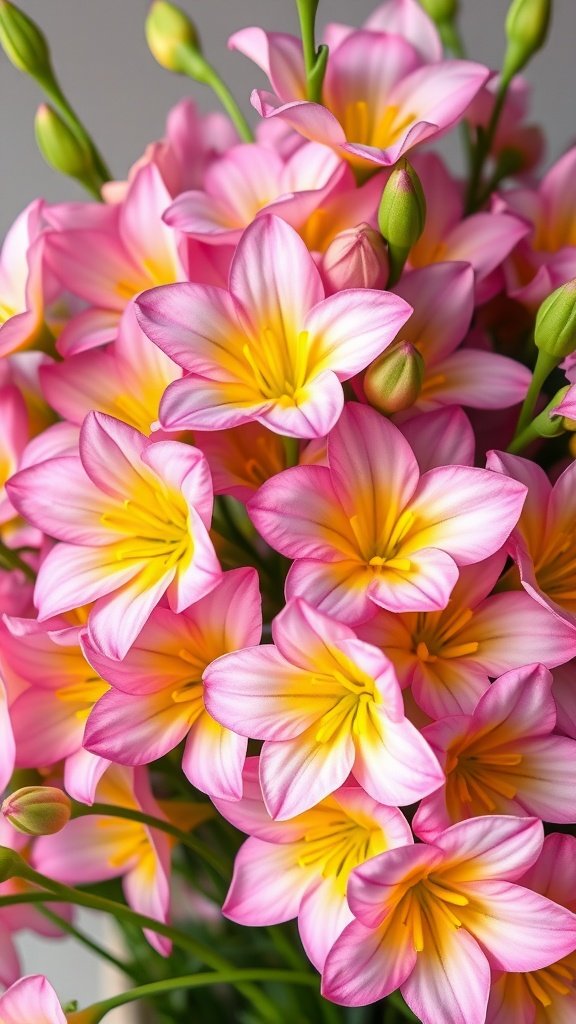 35 Enchanting Spring Wedding Flowers for Your Dream Celebration A vibrant bouquet of pink freesias with yellow accents, showcasing their beauty and freshness.