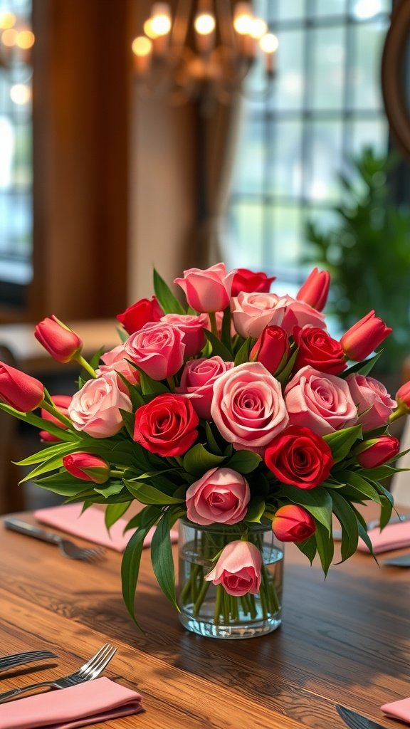 25 Stunning Valentines Table Decor Ideas That Will Make Your Dinner an Unforgettable Romance! A vibrant centerpiece of red and pink roses and tulips in a clear vase on a wooden dining table. Valentines Table Decor