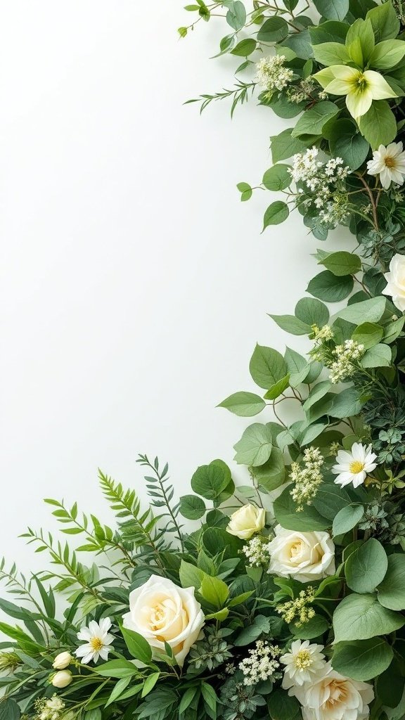 25 Beautiful Spring Wedding Color Palettes to Inspire Your Big Day An arrangement of fresh green leaves and white flowers, featuring roses and small daisies, creating a serene and lively spring wedding vibe.