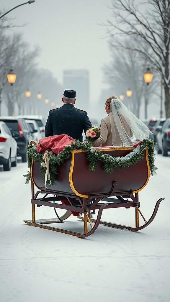 35 Enchanting Ideas for a Magical Winter Wedding A couple in a decorated sleigh on a snowy street, dressed for a winter wedding