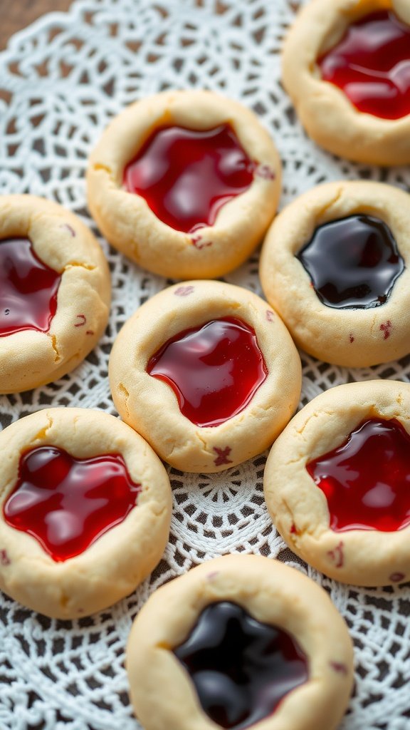 25 Delightful Easter Tea Party Cookies to Impress Your Guests A close-up of fruit-filled thumbprint cookies with red and black jelly centers.