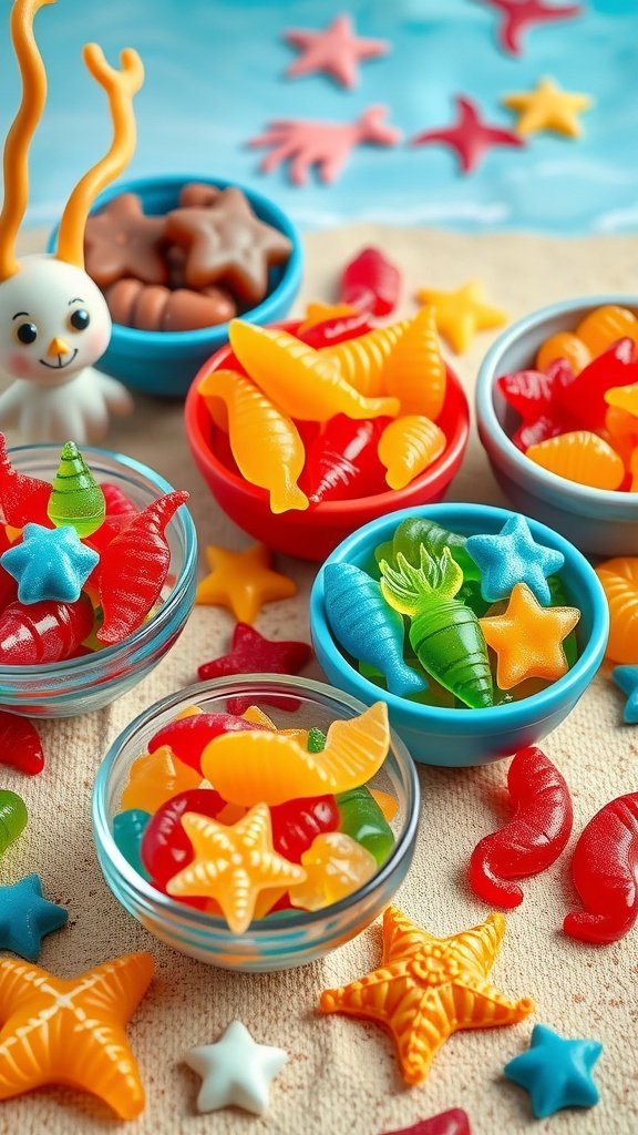25 Creative Mermaid-Inspired Party Food Ideas Colorful fruity sea creature gummies in various shapes and sizes