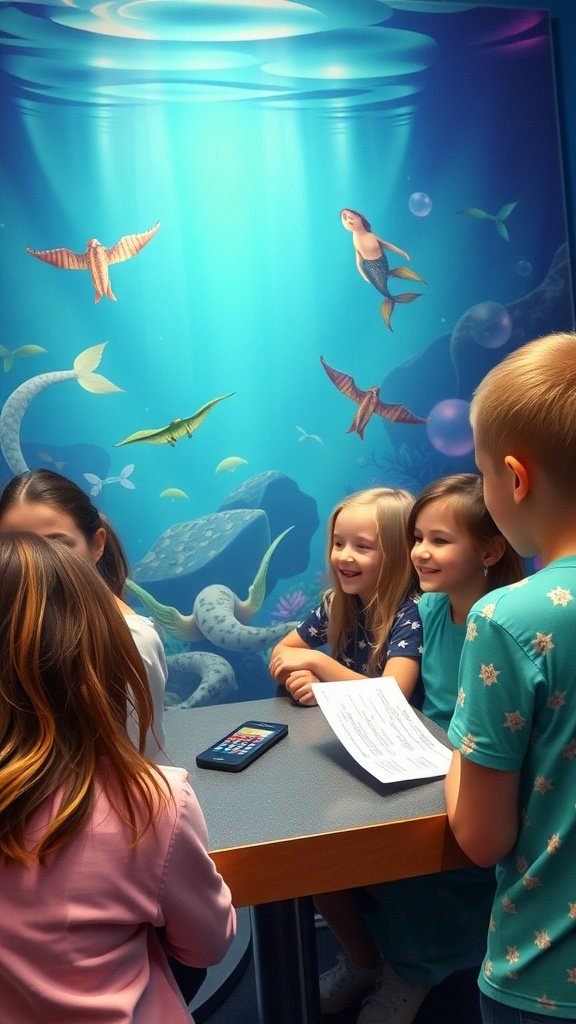 35 Magical Mermaid Party Ideas for an Under-the-Sea Celebration Children participating in a mermaid trivia game with a colorful underwater background.