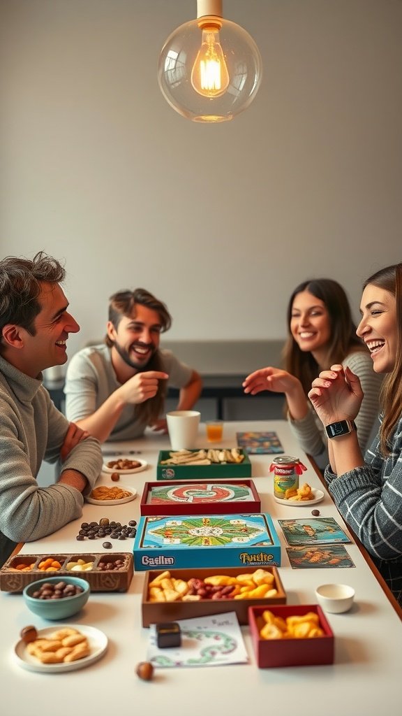 25 Creative Double Date Ideas That Will Spark Your Imagination! Four friends enjoying a game night with board games and snacks on the table. Double Date Ideas