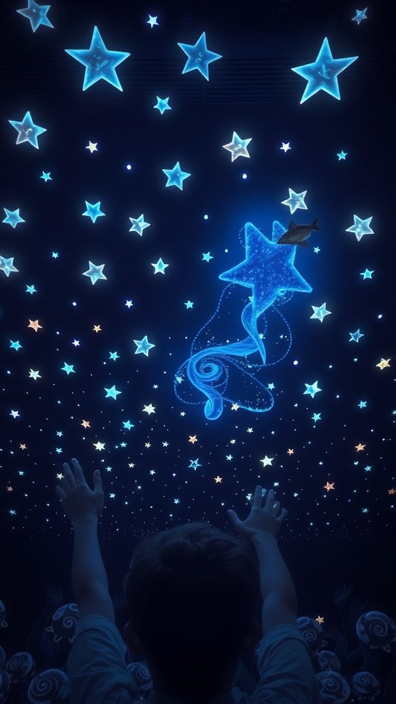 25 Stunning Mermaid Party Decoration Ideas for an Underwater Adventure A child reaching towards a ceiling filled with glowing stars, creating a magical atmosphere