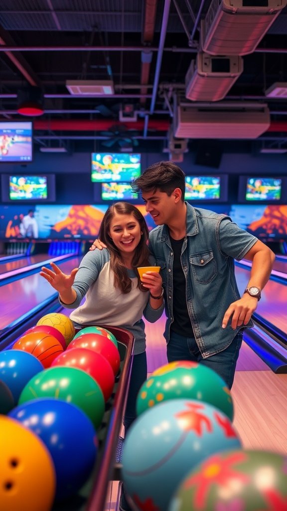 25 Creative Second Date Ideas That Will Leave a Lasting Impression (You’ll Love #8!) A couple at a bowling alley selecting colorful bowling balls, enjoying their date.