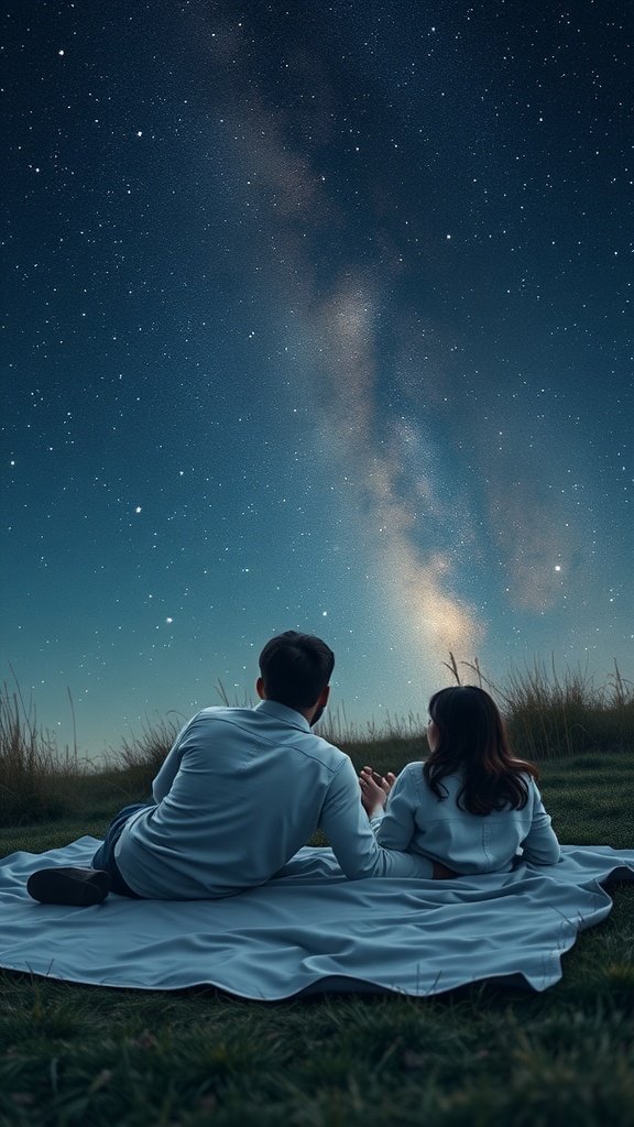 25 Creative Second Date Ideas That Will Leave a Lasting Impression (You’ll Love #8!) A couple lying on a blanket under a starry sky, enjoying a stargazing date.