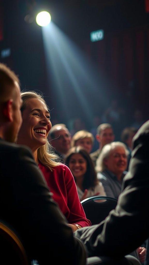 25 Creative Second Date Ideas That Will Leave a Lasting Impression (You’ll Love #8!) A lively comedy club scene with a woman smiling and laughing, surrounded by an engaged audience.