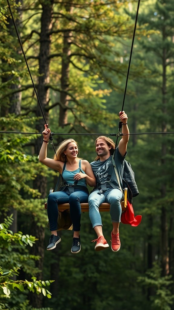 25 Creative Second Date Ideas That Will Leave a Lasting Impression (You’ll Love #8!) A couple enjoying a zipline ride in a forest, smiling and having fun.