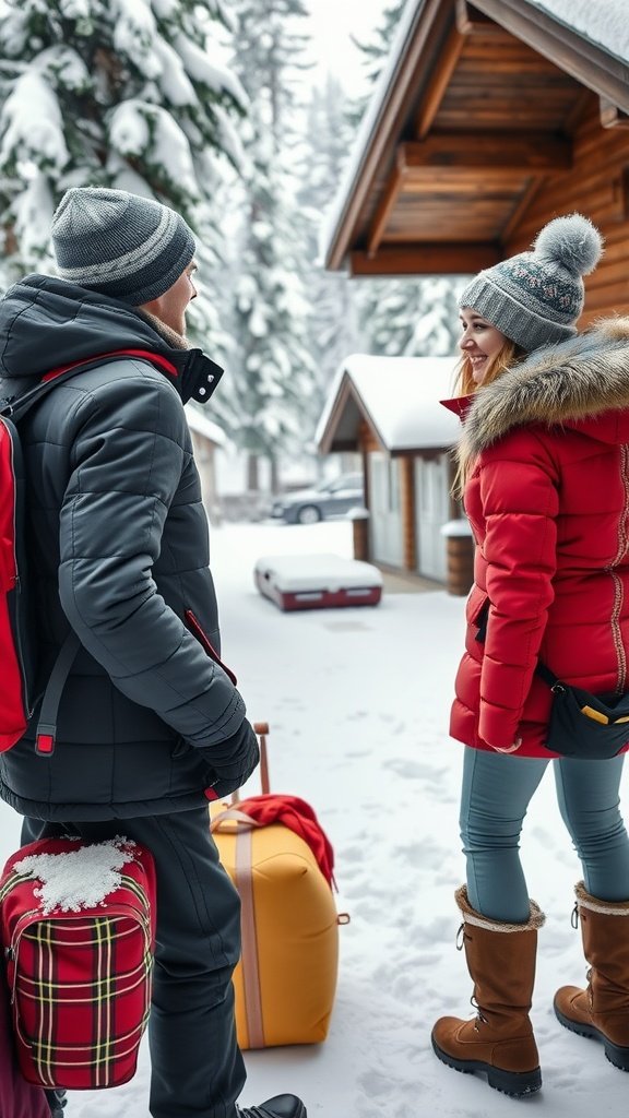25 Cozy Winter Date Ideas That'll Melt Your Heart (You Won't Believe #5!) A couple in winter outfits standing outside a cabin with snow around.