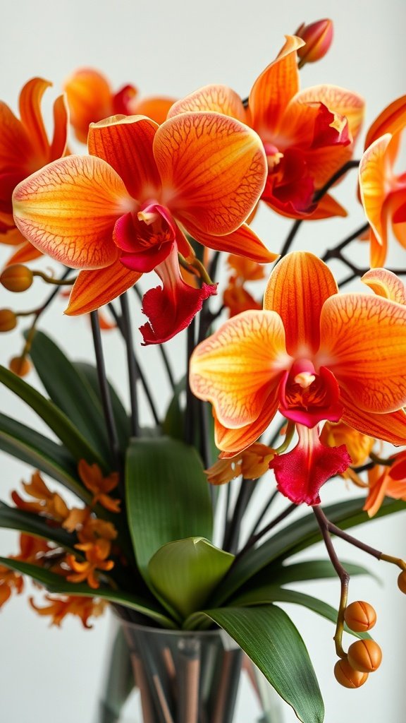 35 Stunning Fall Wedding Flowers That Will Make Your Guests Swoon! A vibrant arrangement of orange and red orchids with green leaves in a vase.