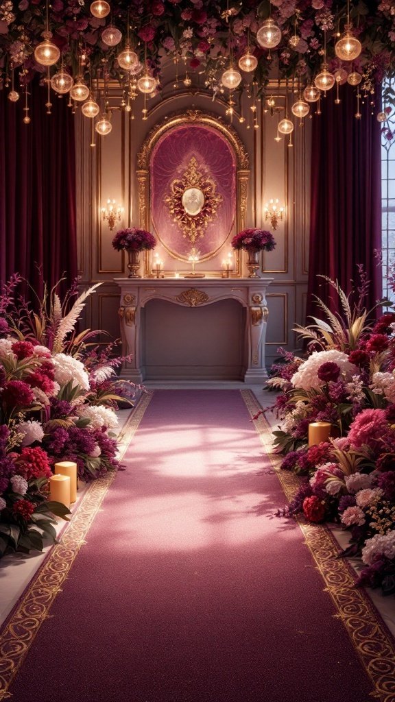 25 Beautiful Spring Wedding Color Palettes to Inspire Your Big Day Elegant wedding setup featuring plum and gold colors with floral arrangements and soft lighting.