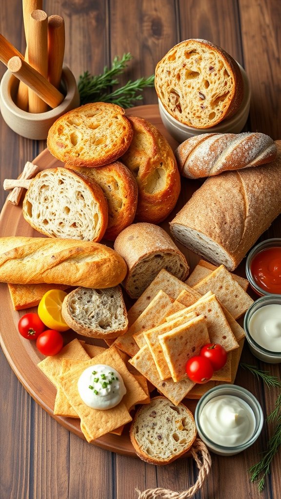 35 Stunning Grazing Table Ideas That Will Wow Your Guests (You Won't Believe #12!) A wooden platter filled with assorted gourmet breads, crackers, and dips.