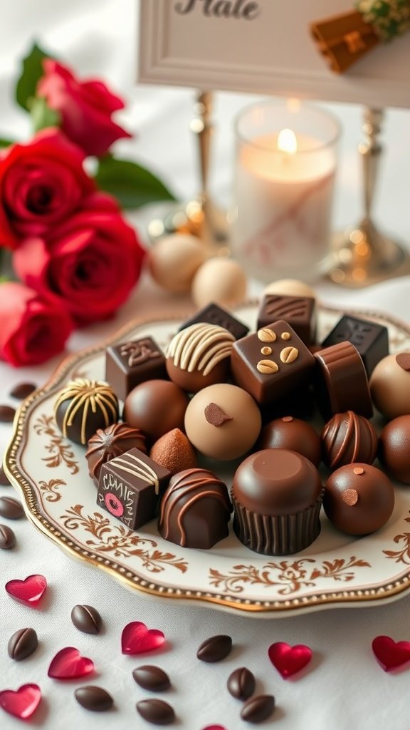 25 Stunning Valentines Table Decor Ideas That Will Make Your Dinner an Unforgettable Romance! A gourmet chocolate display with assorted chocolates on a decorative plate, surrounded by roses and candlelight. Valentines Table Decor