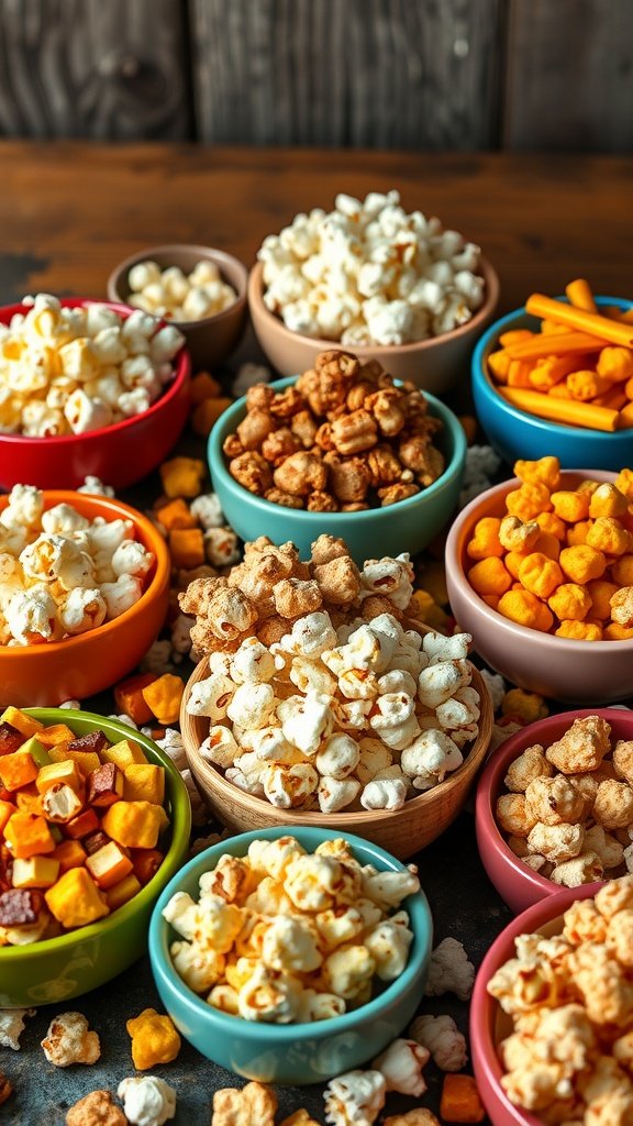 35 Stunning Grazing Table Ideas That Will Wow Your Guests (You Won't Believe #12!) A variety of gourmet popcorn displayed in colorful bowls on a wooden table.