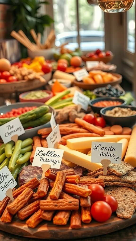 35 Stunning Grazing Table Ideas That Will Wow Your Guests (You Won't Believe #12!) A beautifully arranged grazing table with various foods and labeled signs for each item.