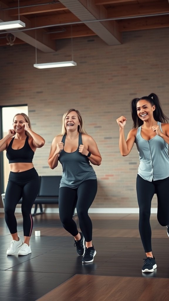 25 Creative Double Date Ideas That Will Spark Your Imagination! Three women enjoying a group fitness class, smiling and exercising together